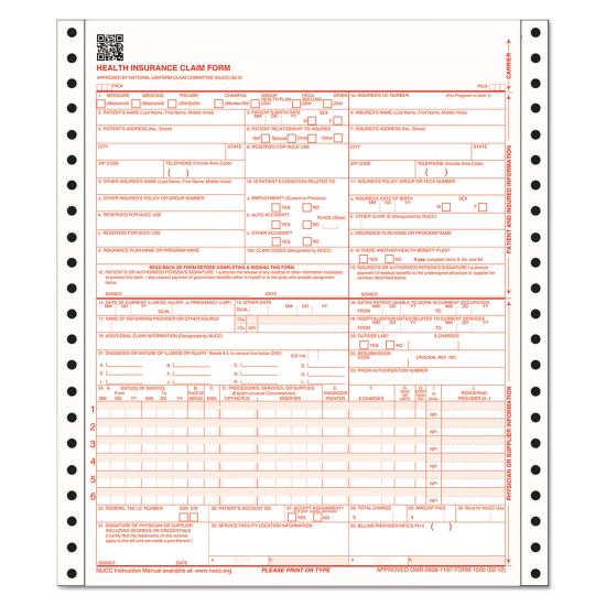 CMS Health Insurance Claim Form, Three-Part Carbonless, 9.5 x 11, 1/Page, Continuous, 100  Forms1