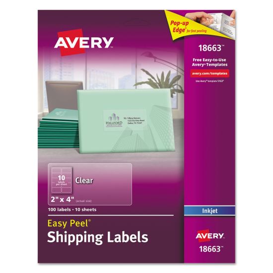 Matte Clear Easy Peel Mailing Labels w/ Sure Feed Technology, Inkjet Printers, 2 x 4, Clear, 10/Sheet, 10 Sheets/Pack1