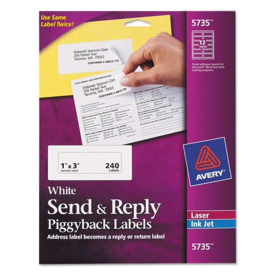 Picture of Send and Reply Piggyback Labels, Inkjet/Laser Printers, 1.63 x 4, White, 12/Sheet, 20 Sheets/Pack