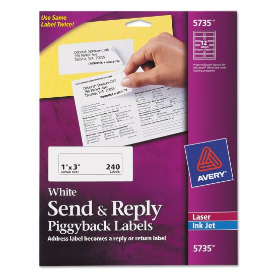 Send and Reply Piggyback Labels, Inkjet/Laser Printers, 1.63 x 4, White, 12/Sheet, 20 Sheets/Pack1