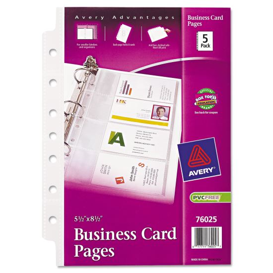 Business Card Binder Pages, For 2 x 3.5 Cards, Clear, 8 Cards/Sheet, 5 Pages/Pack1