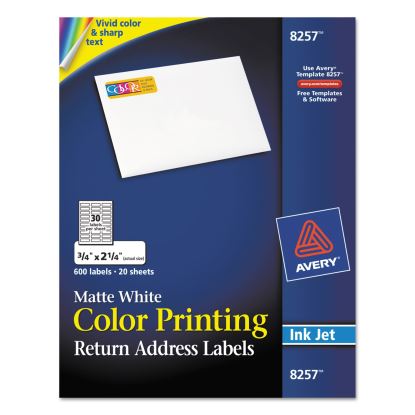 Vibrant Color Printing Mailing Labels, Inkjet Printers, 0.75 x 2.25, Matte White, 30/Sheet, 20 Sheets/Pack1