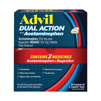 Dual Action with Acetaminophen and Ibuprofen Caplets, 50 Packets of 2 Caplets1