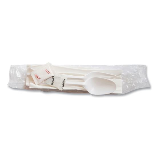 Mediumweight Cutlery Kit, Plastic Fork/Spoon/Knife/Salt/Pep/Napkin, White, 250/Carton1