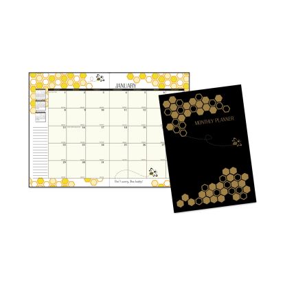 Recycled Honeycomb Monthly Planner, Honeycomb Artwork, 11 x 7, Black/Gold Cover, 12-Month (Jan to Dec)1