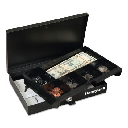 Low Profile Cash Box,1 Bill, 5 Coin Slots, Key Lock, 11.6 x 8 x 1.9, Steel, Black1