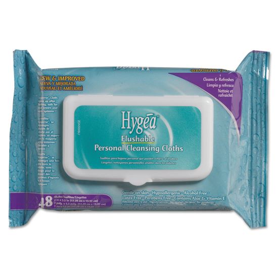 Hygea Flushable Personal Cleansing Cloths, 6.25 x 5.38, White, 48/Pack, 12 Packs/Carton1