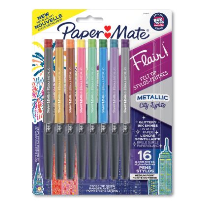 Flair Metallic Porous Point Pen, Stick, Medium 0.7 mm, Assorted Ink and Barrel Colors, 16/Pack1