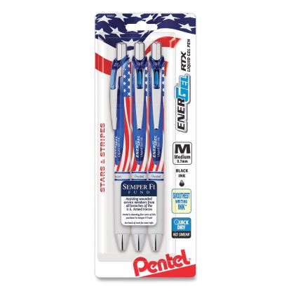 EnerGel RTX Stars and Stripes Gel Pen, Retractable, Medium 0.7 mm, Black Ink, Red/White/Blue Barrel, 3/Pack1