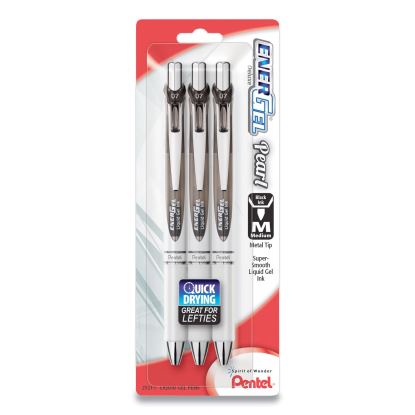 EnerGel Pearl Gel Pen, Retractable, Medium 0.7 mm, Black Ink, White/Black Barrel, 3/Pack1