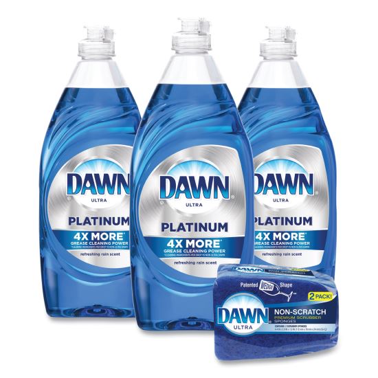 Platinum Liquid Dish Detergent, Refreshing Rain Scent, (3) 24 oz Bottles Plus (2) Sponges/Carton1