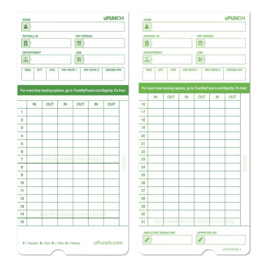 Time Clock Cards for uPunch HN1000/HN3000/HN3600, Two Sides, 7.5 x 3.5, 100/Pack1