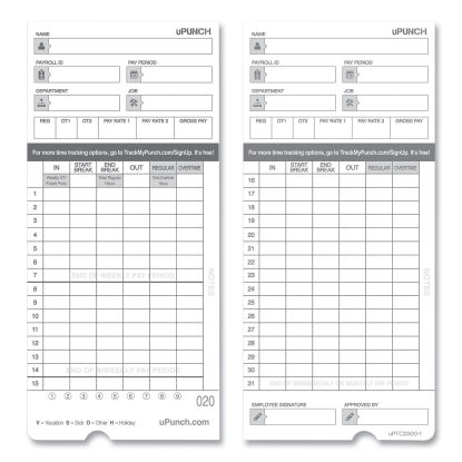 Time Clock Cards for uPunch HN4000, Two Sides, 7.37 x 3.37, 50/Pack1