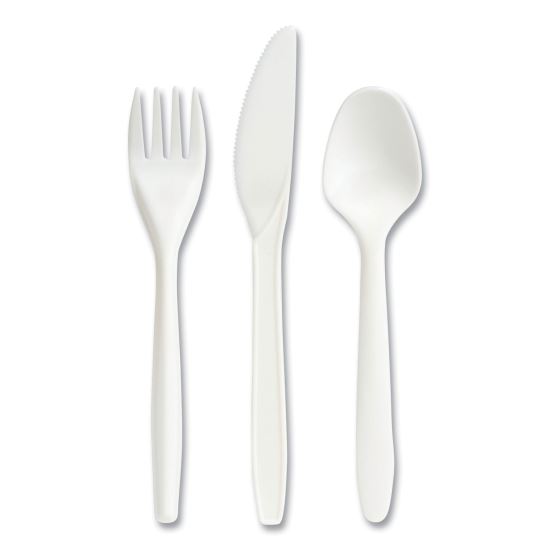 Eco-ID Mediumweight Compostable Cutlery, Fork/Knife/Teaspoon, White, 120 Sets/Pack1