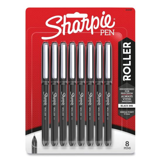 Professional Design Roller Ball Pen, Stick, Fine 0.5 mm, Black Ink, Black Barrel, 8/Pack1