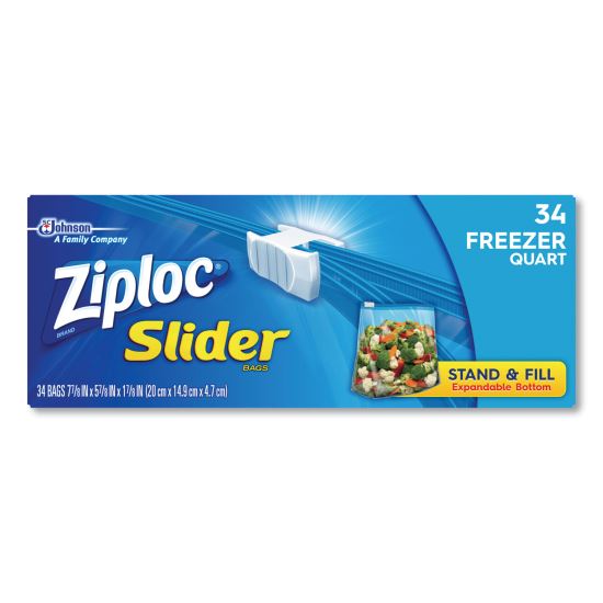 Slider Freezer Bags, 1 qt, 1.75 mil, 5.88" x 1.88" x 7.88", Clear, 34/Box1