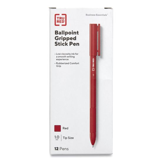 Gripped Stick Ballpoint Pen, Stick, Medium 1 mm, Red Ink, Red Barrel, Dozen1