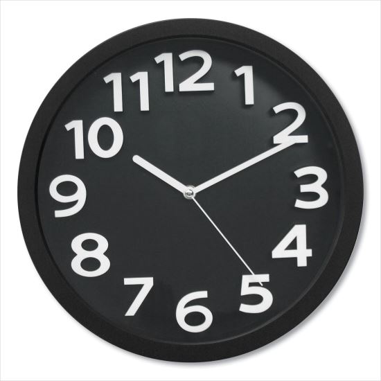 Wall Clock with Raised Numerals and Silent Sweep Dial, 13" Overall Diameter, Black Case, Black Face, 1 AA (sold separately)1