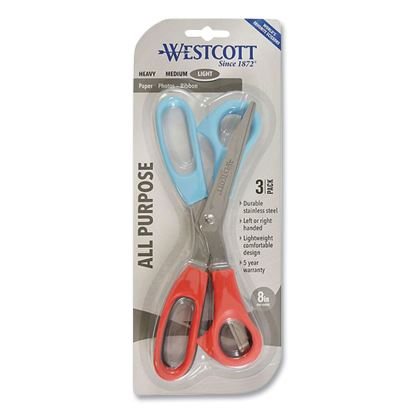 All Purpose Value Stainless Steel Scissors Three Pack, 8" Long, 3" Cut Length, Assorted Color Offset Handles, 3/Pack1