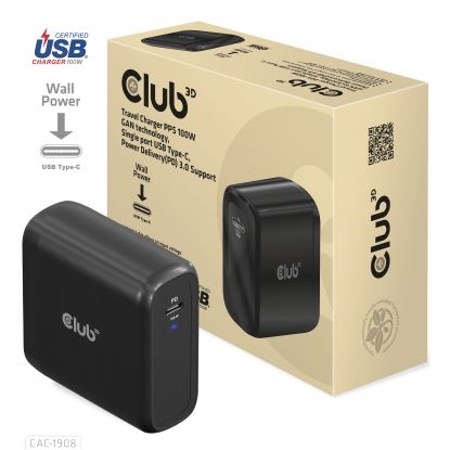 CLUB3D Travel Charger 100 Watt GAN technology, USB-IF TID certified, Single port USB Type-C, Power Delivery(PD) 3.0 Support1