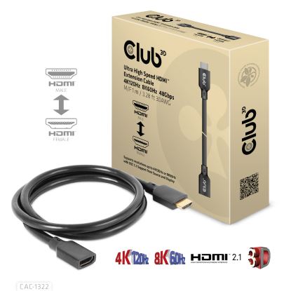 CLUB3D Ultra High Speed HDMI Extension Cable 4K120Hz 8K60Hz 48Gbps M/F 1 m / 3.28 ft 30AWG1