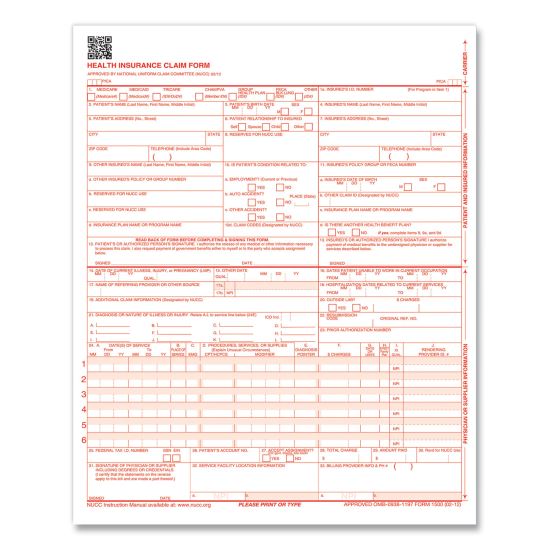 CMS-1500 Health Insurance Claim Form, One-Part (No Copies), 8.5 x 11, 1,000 Forms Total1