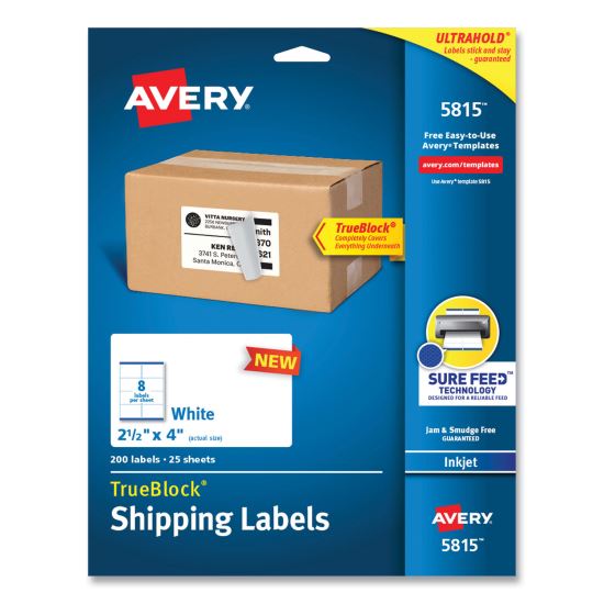 Shipping Labels with TrueBlock Technology, Inkjet Printers, 2.5 x 4, White, 8 Labels/Sheet, 25 Sheets/Pack1