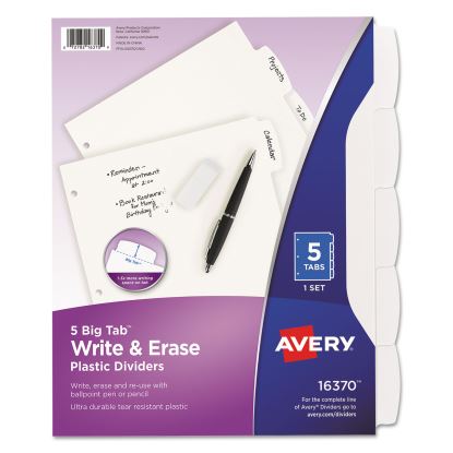 Write and Erase Big Tab Durable Plastic Dividers, 3-Hole Punched, 5-Tab, 11 x 8.5, White, 1 Set1