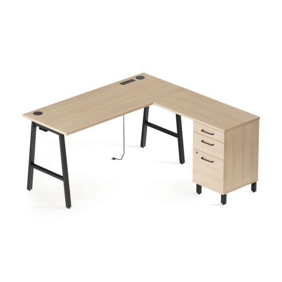 Essentials Single-Pedestal L-Shaped Desk with Integrated Power Management, 59.8" x 59.8 x 29.7", Natural Wood/Black1