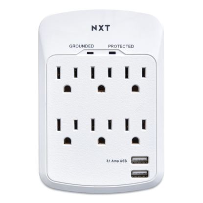 Wall-Mount Surge Protector, 6 AC Outlets/2 USB Ports, 1,200 J, White1