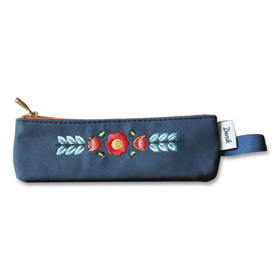 Evelynn Zipper Vegan Suede Notebook Pouch, 2 x 6.5, Blue with Embroidered Flower1