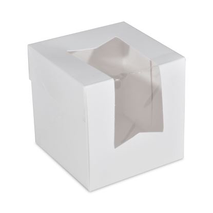 White Window Bakery Boxes with Attached Flip Top, 4-Corner Beers Design, 4.5 x 4.5 x 4.5, White, Paper, 200/Carton1