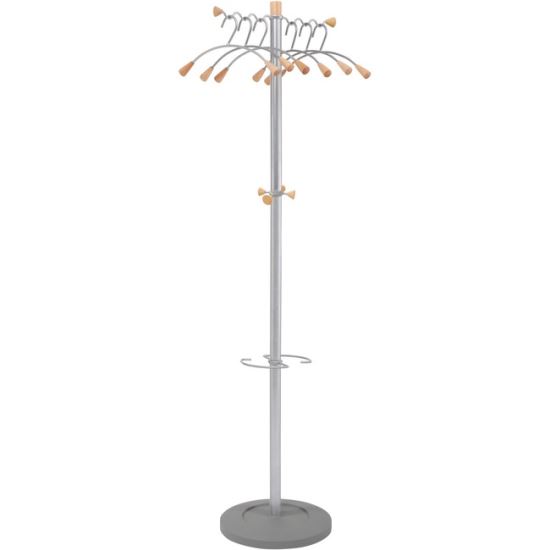 Wavy Coat Tree, Six Hangers/Two Knobs/Four Hooks, 18.88w x 14d x 68.5h, Silver Steel/Wood1