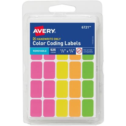 Avery&reg; Removable Labels, 1/2" x 3/4" , Neon, 525 Total (6721)1