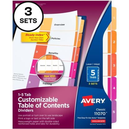 Avery&reg; Customizable Table of Contents Dividers, Ready Index(R) Printable Section Titles, Preprinted 1-5 Multicolor Tabs, 3 Sets (11070)1