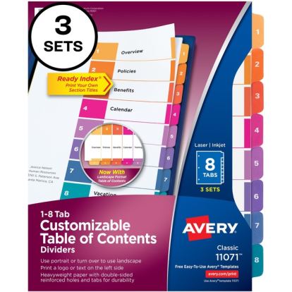 Avery&reg; Customizable Table of Contents Dividers, Ready Index(R) Printable Section Titles, Preprinted 1-8 Multicolor Tabs, 3 Sets (11071)1