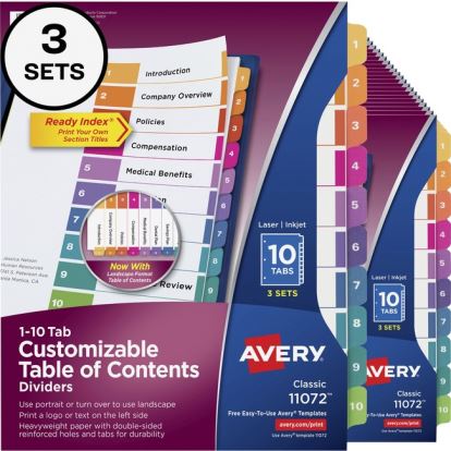 Avery&reg; Customizable Table of Contents Dividers, Ready Index(R) Printable Section Titles, Preprinted 1-10 Multicolor Tabs, 3 Sets (11072)1