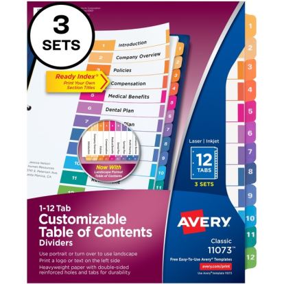 Avery&reg; Customizable Table of Contents Dividers, Ready Index(R) Printable Section Titles, Preprinted 1-12 Multicolor Tabs, 3 Sets (11073)1