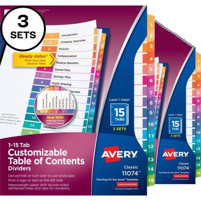 Avery&reg; Customizable Table of Contents Dividers, Ready Index(R) Printable Section Titles, Preprinted 1-15 Multicolor Tabs, 3 Sets (11074)1