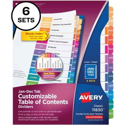 Avery&reg; Ready Index 12 Tab Dividers, Customizable TOC, 6 Sets1