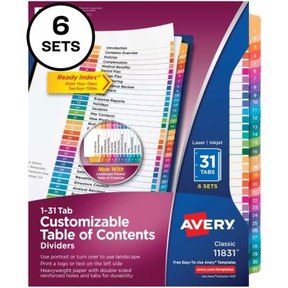 Avery&reg; Ready Index 31 Tab Dividers, Customizable TOC, 6 Sets1