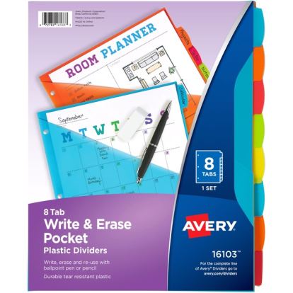 Avery&reg; Write & Erase 8-Tab Plastic Dividers, Pockets, Brights (16103)1