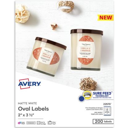 Avery&reg; Printable Blank Oval Labels, 22570, 3-5/16&rdquo;W x 3&rdquo;D, White, Pack Of 200 Labels1