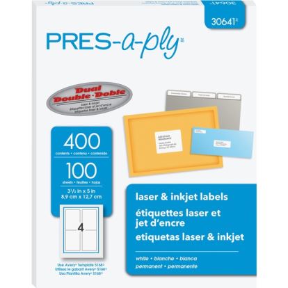 PRES-a-ply White Labels, 3-1/2" x 5" , Permanent-Adhesive, 4-up, 400 labels1