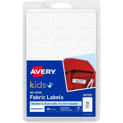 Avery Kids No-Iron Fabric Labels, 6 x 4, White, 15 Labels/Sheet, 3 Sheets/Pack1