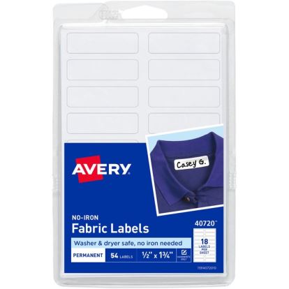 No-Iron Fabric Labels, 0.5 x 1.75, White, 18/Sheet, 3 Sheets/Pack1