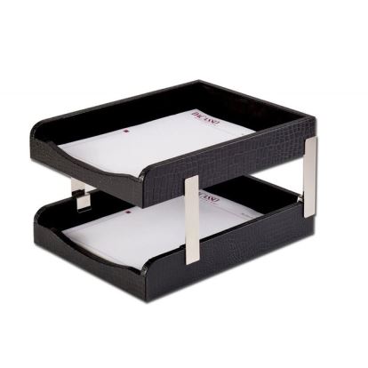 Dacasso Crocodile Embossed Black Leather Double Letter Trays1