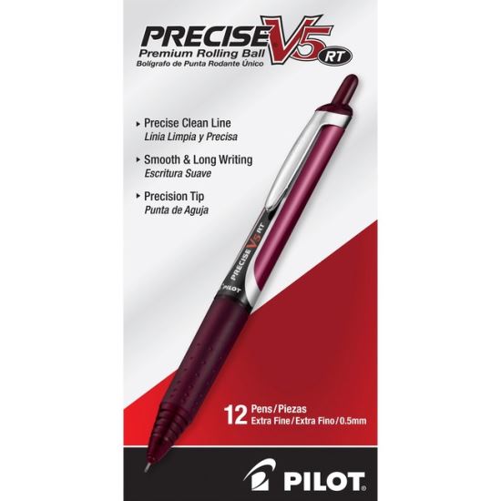 Precise V5RT Roller Ball Pen, Retractable, Extra-Fine 0.5 mm, Burgundy Ink, Burgundy/Silver Barrel, Dozen1