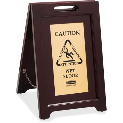 Rubbermaid Commercial Brass Plaque Wooden Caution Sign1
