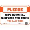 BeSafe Messaging Repositionable Wall/Door Signs, 9 x 6, Please Wipe Down All Surfaces You Touch, White, 3/Pack1